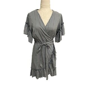 Max Studio Blue Gingham Short Wrap Dress~Fits M~Cottagecore Ruffle Hem & Sleeves